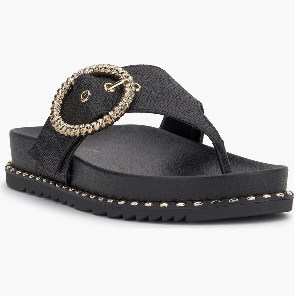 Jessica Simpson Black and Gold Sandals with Rhinestone Buckle